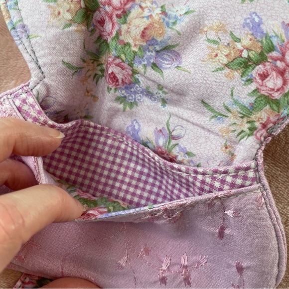 Handmade Accessories - Handmade Wallet Patchwork Cottagecore Lilac and Pink Floral Gingham Embroidered